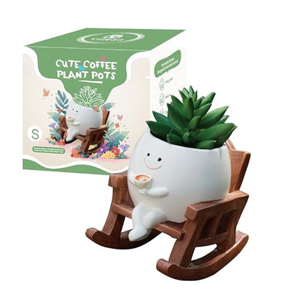 Smiley Face Planter Pot, Cute Coffee Plant Pots for Indoor Outdoor | Unique Rocking Chair Plant Pot for Succulents Plants Live with Drainage Hole,Gift IdeaI for Mother and Christmas（Small） - size: Small