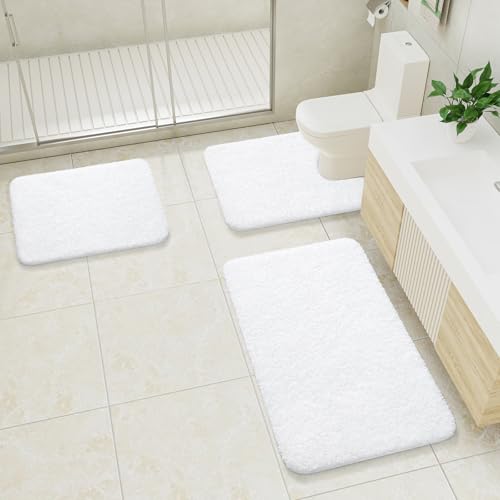 LOCHAS Bathroom Rugs Sets 3 Piece, Microfiber Bath Mat Set Non Slip, White | Washable Absorbent Toilet Rug, Shaggy Soft Cozy Quick Dry - color: White, size: 30" x 20" + 24" x 17" + U Shape 24" x 20"