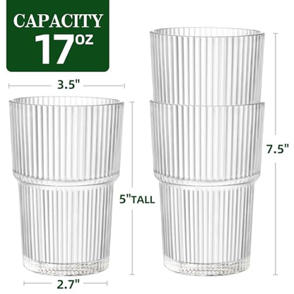 17oz Shatterproof Ribbed Glasses, Plastic Tumblers for Poolside – Clear Acrylic Cups, Stackable & Reusable, Dishwasher Safe Drinkware – Set of 8 - style: 8pack
