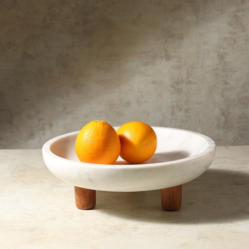 Marble Fruit bowl with three wood legs | 11.8 inch dia footed bowl for kitchen counter | Use as centerpiece for dining table, key bowl for entryway table, or potpurri/decorations (Large)