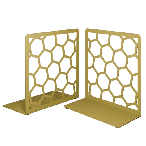 Gold Geometric Honeycomb Metal Bookends - Book Ends for Shelves - Decorative Modern Heavy Duty Bookend Stopper - Book Ends for Heavy Books - Home Office Book Holder - 1 Pair, 6x3.25x6.25 in - color: Gold, size: 1 Pair