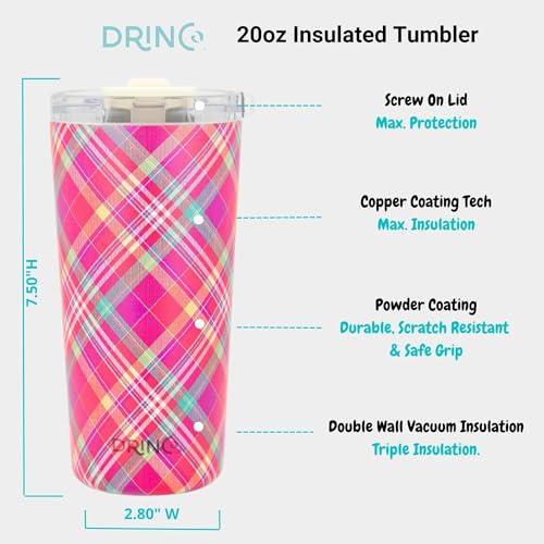 Drinco - 20 oz Stainless Steel Tumbler | Double Walled Vacuum Insulated Mug With Lid, 2 Straws, For Hot & Cold Drinks (20oz Madras Plaid) - color: 20oz Madras Plaid