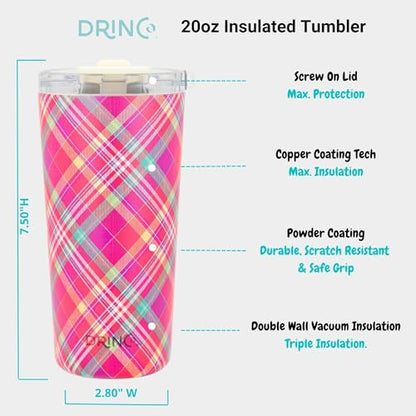 Drinco - 20 oz Stainless Steel Tumbler | Double Walled Vacuum Insulated Mug With Lid, 2 Straws, For Hot & Cold Drinks (20oz Madras Plaid) - color: 20oz Madras Plaid