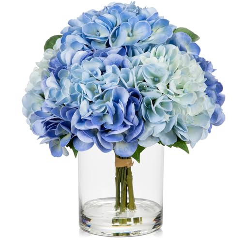 Hollyone Blue Hydrangea Artificial Flowers in Vase Latex Real Touch Large Faux Hydrangea Flowers Arrangements Hydrangeas Fake Flower with Glass Vase with Faux Water for Table Centerpiece Home Decor ﻿ - color: Large - Blue