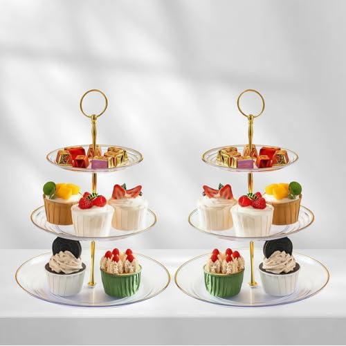 2 Pack of 3 Tiered Transparent Plastic Dessert Cup Cake Stand Holder | Small Tiered Serving Cake Stand, Clear Plate with Gold Rim, Weddings Parties Pastry Serving Tray