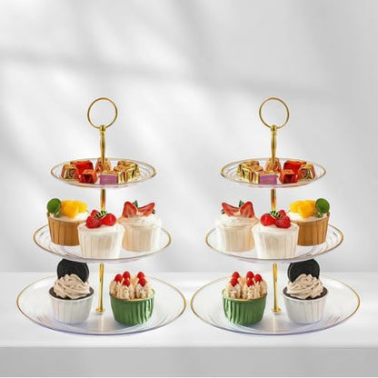 2 Pack of 3 Tiered Transparent Plastic Dessert Cup Cake Stand Holder | Small Tiered Serving Cake Stand, Clear Plate with Gold Rim, Weddings Parties Pastry Serving Tray