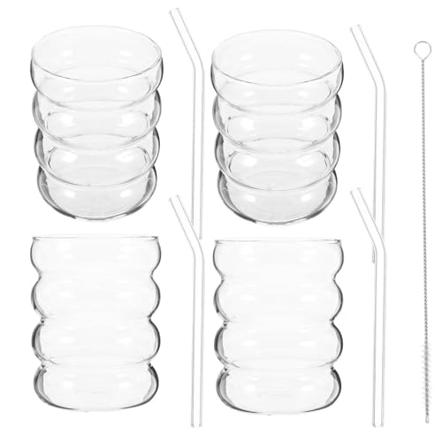 Ribbed Glass Cups and Straws Set 300ml Wavy Drinking Glasses for Adults with Straw Brushes Glassware for Iced Coffee Juice Milk Matcha 9pcs Kitchen Essentials