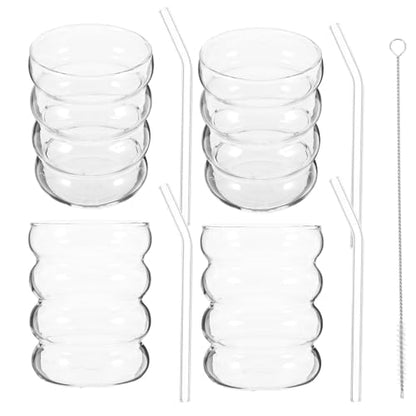 Ribbed Glass Cups and Straws Set 300ml Wavy Drinking Glasses for Adults with Straw Brushes Glassware for Iced Coffee Juice Milk Matcha 9pcs Kitchen Essentials