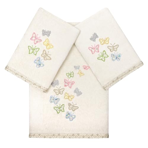 Frolic 3-Piece Towel Set, Exquisite Embroidered Butterflies, 100% Turkish Cotton, Ultra Absorbent, Cottage Decor, 1 Bath 2 Hand Towels, Beige - color: Beige, size: 1 Pc Bath 2 Pcs Hand Towel
