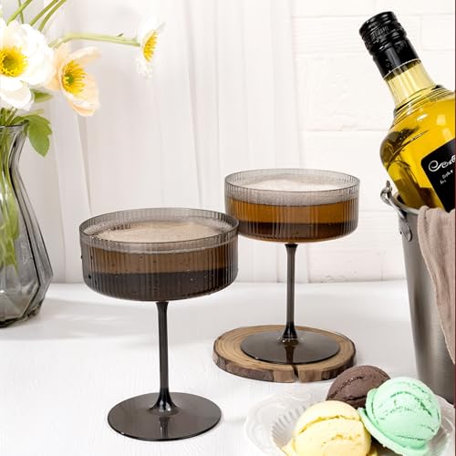 Ciaell 12 Pack Black Plastic Martini Glasses for Bars Parties | 10 oz Black Ribbed Coupe Cups, Heavy Duty Plastic, Cocktails Whiskey Margaritas Wine for Weddings - color: Black