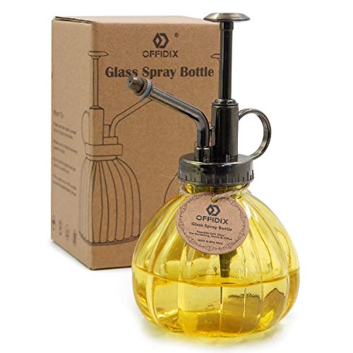 Yellow Glass Watering Can Indoor, 6.3" Tall Vintage Style with Bronze Plastic Top Pump One Hand Spray Bottle - color: H-yellow