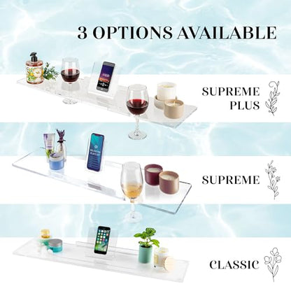 34" Supreme Plus- Luxury Bathtub Tray Caddy- 3/8" Thick, Clear Bath Tub Tray Table for 1 or 2 Bathers, Acrylic Bathtub Caddy, iPad and 2 Wine Glass Holders (Supreme Plus, 34") - size: 34" x 9" x 1.5"