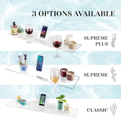 36" Supreme Plus- Luxury Bathtub Tray Caddy- 3/8" Thick, Clear Bath Tub Tray Table for 1 or 2 Bathers, Acrylic Bathtub Caddy, iPad and 2 Wine Glass Holders (Supreme Plus, 36") - size: 36" x 9" x 1.5"