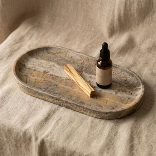 YKAJO Onyx Travertine Oval Marble Tray, 11.8x5.9 Vanity Perfume Organizer | Honed natural stone; jewelry & trinket dish, ring & key holder, soap & candle catchall; bath counter, dresser, coffee table - color: Onyx Travertine, size: 11.8" x 5.9" x 0.6"