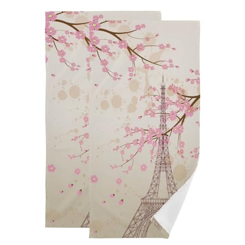Vintage Pink Cherry Blossom Paris Eiffel Tower Hand Towels Set of 2 | Romantic France Plum Floral Decorative Bath Towel Soft Absorbent Quick Dry Bath Face Hair Dish Tea Towels for Kitchen 28"x14" - color: Pink
