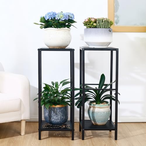 Party Zealot 2 Packs of 2-Tier Tall Metal Square Plant Stand 31” Heavy-Duty Modern Flower Pot Rack for Indoor Living Room, Corner Side Table for Outdoor Patio, Garden Planter Holder, Black, Leaf - style: Leaf - 2 pack