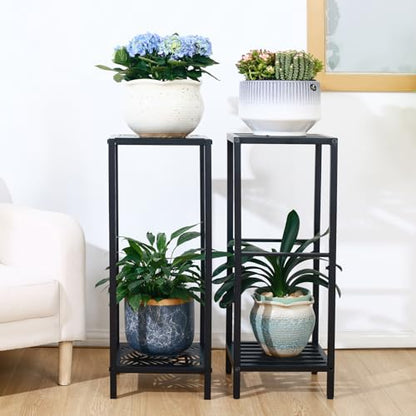 Party Zealot 2 Packs of 2-Tier Tall Metal Square Plant Stand 31” Heavy-Duty Modern Flower Pot Rack for Indoor Living Room, Corner Side Table for Outdoor Patio, Garden Planter Holder, Black, Leaf - style: Leaf - 2 pack