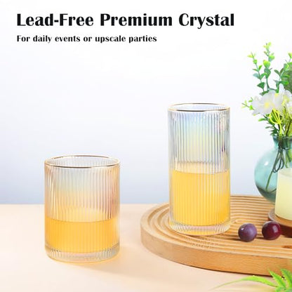 Joeyan Iridescent Gold Rim Ribbed Highball Glasses Set of 2, 12oz Hand Blown Crystal Drinking Glass Tumbler for Cocktail, Iced Coffee, Juice, Water, Soda, Tall Glassware for Kitchen Bar & Home Use - color: Iridescent highball glasses
