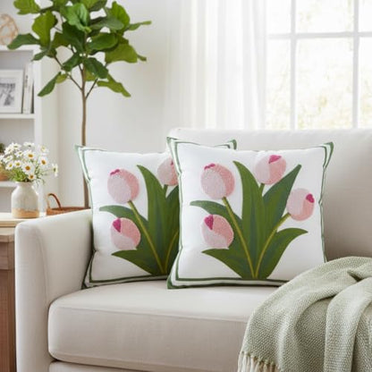 LUOYEHK Embroidered Throw Pillow Covers 18x18 Inch Set of 2 Pink Tulip Flower Spring Pillowcases Farmhouse Floral Square Cushion Covers for Couch Sofa Bed Living Room - color: Pink Tulip