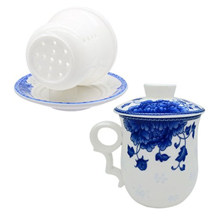 Porcelain Tea Cup with Infuser Lid and Saucer Sets - Chinese Jingdezhen Ceramics Coffee Mug Teacup Loose Leaf Tea Brewing System for Home Office - color: National Beauty Blue and White