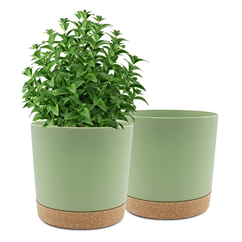 QCQHDU 10 inch Plant Pot, 2 Pack Planters for Indoor Plants with Drainage Holes & Saucer, Outdoor Flower Pots Home Garden Modern Decor - color: Green, size: 10 inch