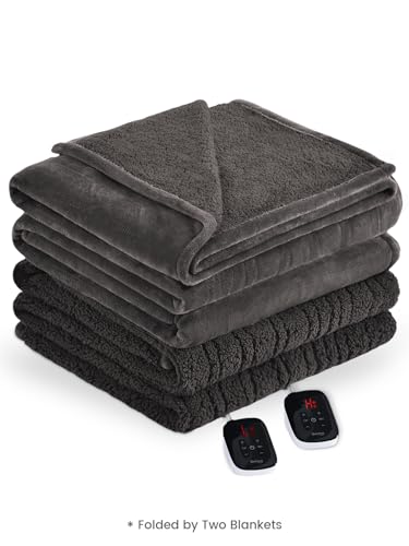 Bearhug Electric Blanket Queen Size with Dual Controls, 10 Heat Levels & 1-12H Auto Shut-Off, Fast Heating Soft Velvet to Sherpa Heated Blanket for Couples, Machine Washable, Gray - color: Gray-velvet & Sherpa, size: Queen Size 84" × 90"