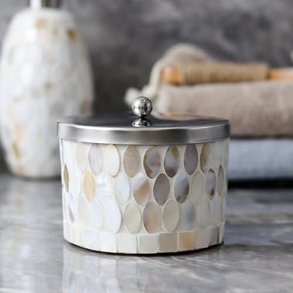 WDHODEC Mosaic Bathroom Accessory Set 5PCS with Natural Shell & Glass Soap Dispenser Cotton Jar Soap Dish Vanity Tray Tumbler for Hotels, Modern Bathroom Counter and Sink Decoration White