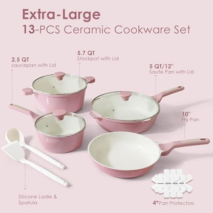 SENSARTE Nonstick Ceramic Cookware Set Large 13-Piece, Healthy Pots and Pans Set Dishwasher Safe, Non-toxic Kitchen Cooking Set with Stay-Cool Handles, Induction Compatible, PFAS Free, Pink - color: Blossom Pink