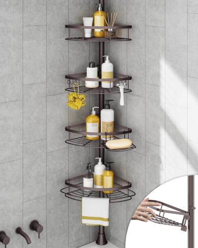 Rustproof Shower Corner Caddy Organizer for Bathroom, Tension Pole with 4 Baskets, for Bathtub Storage Rack, 34 to 116 Inch Height, Bronze - color: Bronze