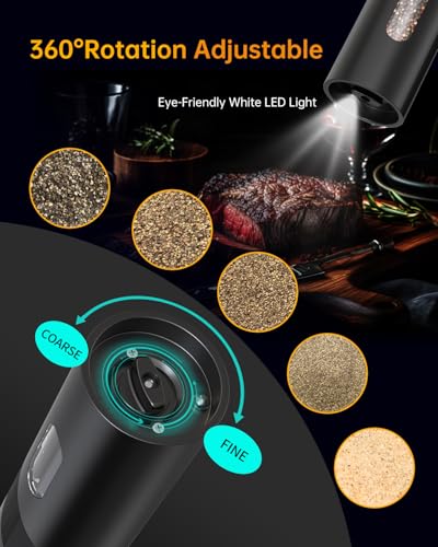CIRCLE JOY Electric Rechargeable Salt and Pepper Grinder Set Top-Refill Automatic Pepper Mill Grinder with Charging Base, Adjustable Coarseness, Easy Filling Larger Capacity with Led for Home Kitchen - color: Black