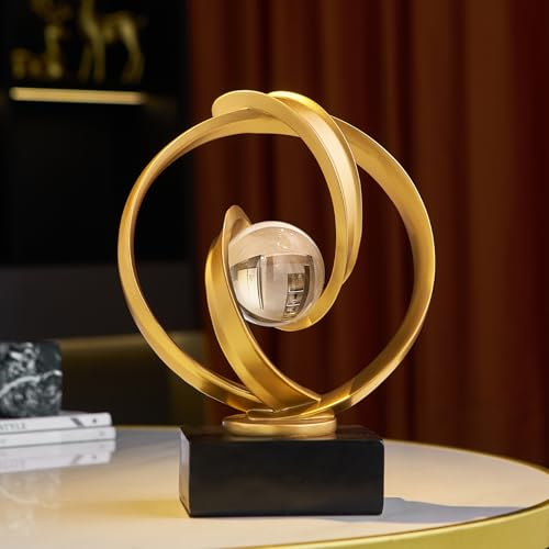 FJS Abstrac Gold Sculpture Living Room Decor, Modern Art Statue Home Decor | Resin Art Statue with Decorative Sphere and Blakc Base for Living Room, Bookshelf, Coffee Table, Office, Mantel and Entryway - color: Gold