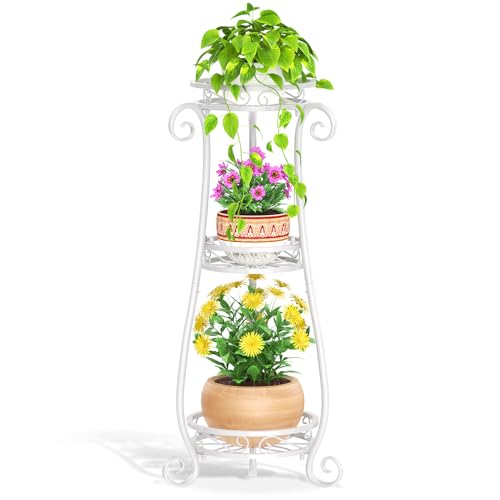 LASZOLA 3 Tiers Metal Corner Plant Flower Stand Tall Indoor Outdoor, White | Heavy Duty Small Holder Shelf for Multiple Plants, Vintage 30 Inch High for Patio Office, Modern Sturdy Vertical Iron Rack - color: White, size: 3 Tier
