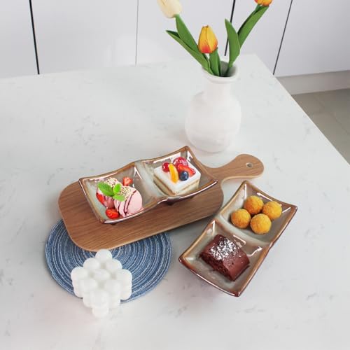 Side dish Chip Dip Sets, 7.7 in Two-grid Olives bowl Dip Serving Set Tray, Divided Platters Chip and Dip Bowls Set of 4, Ceramic Divider Moisture-Proof Cereal Bowl Buffet Serving Bowls Set - color: 7.7 Inch Two-Grid