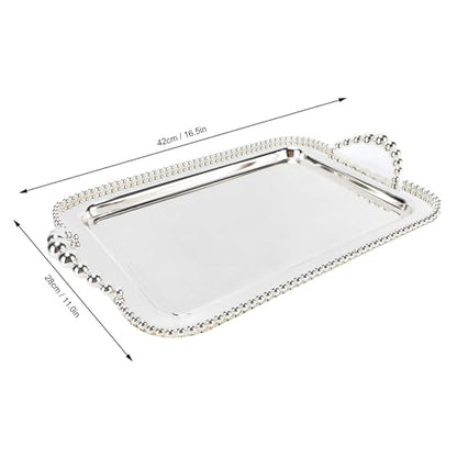 Asixxsix Metal Serving Tray, 16.5 x 11.0 inch Rectangular Stainless Steel Food Serving Tray European Retro Style Mirror Coffee Table Dessert Platter for Buffet Wedding Party (Silver) - color: Silver