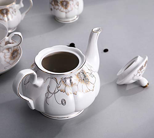CHENP.HMC Tea Set 22-Piece Porcelain Ceramic Coffee(Chrysanthemum) | Tea Gift Sets Cups Saucer Service for 6 Teapot Sugar Bowl Creamer Pitcher and Teaspoons - color: White Yellow