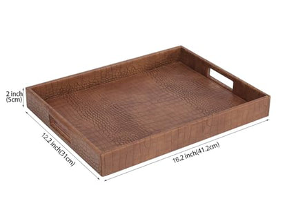 HofferRuffer Rectangle Serving Tray with Hole Handles for Coffee Table, Breakfast, Tea, Food, Butler - Countertop, Kitchen, Vanity Serve Tray, 16.2 x 12.2 x 2 inches, Faux Leather (Antique Brown) - color: Antique Brown