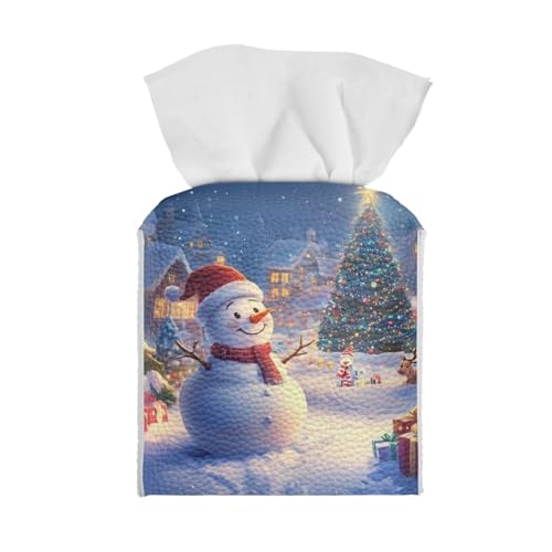 Snowman Tissue Box Covers Refined Modern PU Leather Square Holder -Decorative Dustproof Leather Tissue Holder Christmas Tree Facial Tissue Case for Living Room Office Bathroom Christmas Decor - color: Snowman Christmas Tree