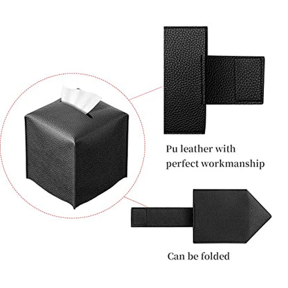REGELETO Square Tissue Box Cover, Pu Leather Tissue Box Holder with Bottom Belt Modern Stylish Tissue Box Organizer for Bathroom, Bedroom, Hotel, Office Desk 5"X5"X5" (Black) - color: Single Black