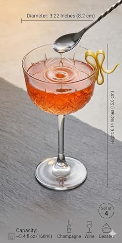 Premium Crystal Coupe Glass Set | 5.4 oz Lead-Free Glassware for Cocktails, Champagne, and Martini | Elegant Diamond Cut Design for Desserts and Appetizers |Vintage Glassware (pack of 4)
