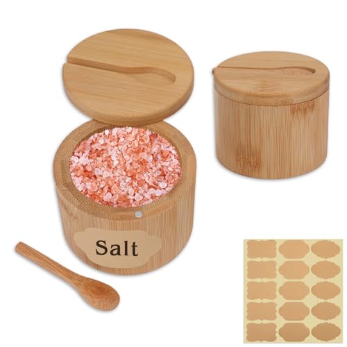 2Pcs Salt Cellar, 6 oz Round Salt Container with Lid and Spoon | Wooden Salt Container, Salt and Pepper Bowls Storage Holder Box, Seasoning Storage Bowl for Countertop Spice Sugar (Style1)