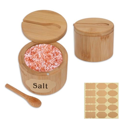 2Pcs Salt Cellar, 6 oz Round Salt Container with Lid and Spoon | Wooden Salt Container, Salt and Pepper Bowls Storage Holder Box, Seasoning Storage Bowl for Countertop Spice Sugar (Style1)