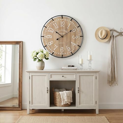 EMAX HOME 24 Inch Large Farmhouse Wall Clock - Rustic Antique Wood, Silent Battery Operated Clock for Office Kitchen Bedroom Living Room - color: Brown, size: 24 Inch Arabic numerals