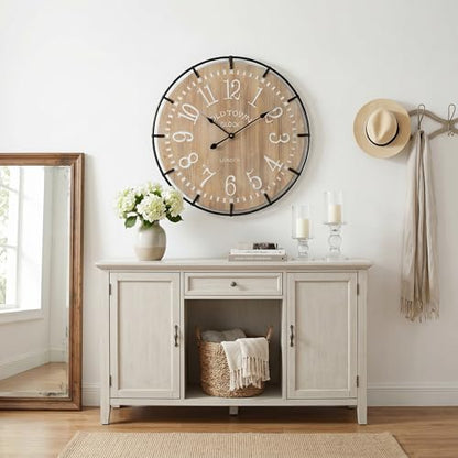 EMAX HOME 24 Inch Large Farmhouse Wall Clock - Rustic Antique Wood, Silent Battery Operated Clock for Office Kitchen Bedroom Living Room - color: Brown, size: 24 Inch Arabic numerals