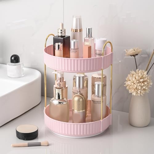 Aveniee 360 Rotating Makeup Organizer for Vanity, Skincare Perfume Organizers, Bathroom Countertop Organizer and Storage, Clear Cosmetics Lipstick Holder for Dresser,2 Tiers, Pink - color: Cream Pink, size: Standard-2 Tier