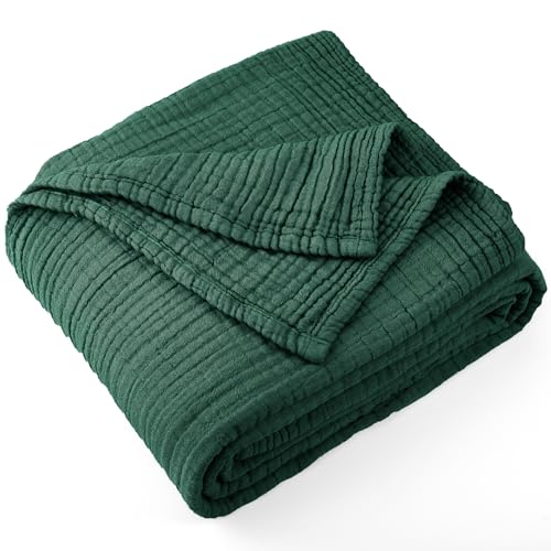 Carriediosa 100% Cotton Muslin Throw Blanket 90 x 90 Summer Gauze for Adult | 4-Layers Queen Size Throws for Bed Sofa Couch, Soft Lightweight Breathable Linen Blankets Bedspread All Season, Dark Green - color: Dark Green, size: Queen