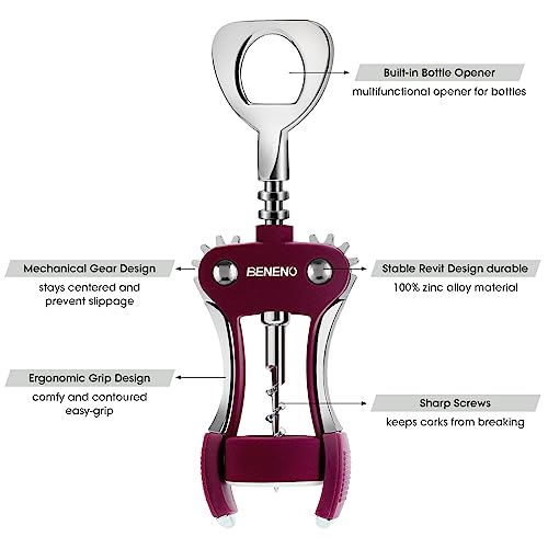 Beneno Wine Opener, Premium Wing Corkscrew Wine Bottle Opener, Purple | Durable Solid Zinc Alloy Body, Precise Sharp-Edged Screw, Ergonomic Non-Slip Grip Wing Handle, Multifunctional Bottle Openers - color: Purple