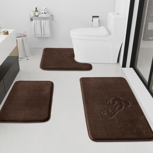 Bathroom Rugs Sets 3 Piece, Non-Slip & Quick Dry Bath Mat Set, Ultra Soft Velvet Bath Rugs for Bathroom, Toilet and Shower Floor, Brown - color: Brown, size: 17"x24"+20"x32"+U Shape 20"x24"
