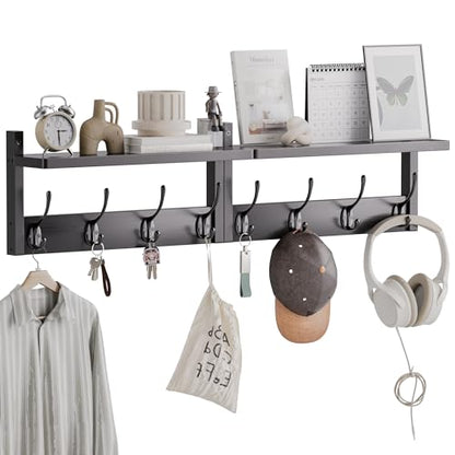 STELLSTAR Coat Rack with Shelf, 2 Pack Bamboo Wall-Mounted Coat Hanger with 8 Hooks for Entryway, Hallway, Kitchen, Bathroom, Living Room, Utility Room (Black) - color: Black