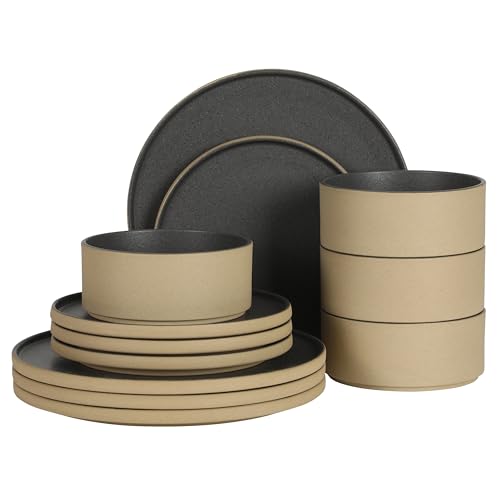 Gibson Elite Villa Amadora - Made in Portugal - 12 Piece Dinnerware Set for 4, Two Tone Tan and Black Speckled Stoneware Plates and Bowls Sets, Dish Set with Dinner Plates Salad Plates & Cereal Bowls - color: Tan/Black (Valle Amadora Dinnerware)