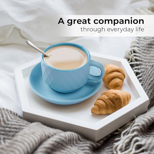 MIAMIO - 6 x 2.5 oz Stoneware Espresso Mug, Cup Set Modern with Stand and Saucers - Palmanova Collection (Ocean Blue) - color: Ocean Blue